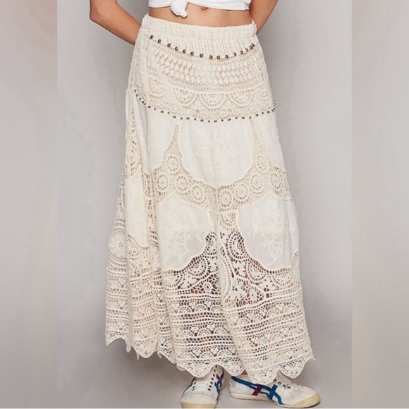 POL Dresses & Skirts - ONE LEFT POL Cream Crochet Knit Metallic Beaded Elastic Waist Maxi Skirt